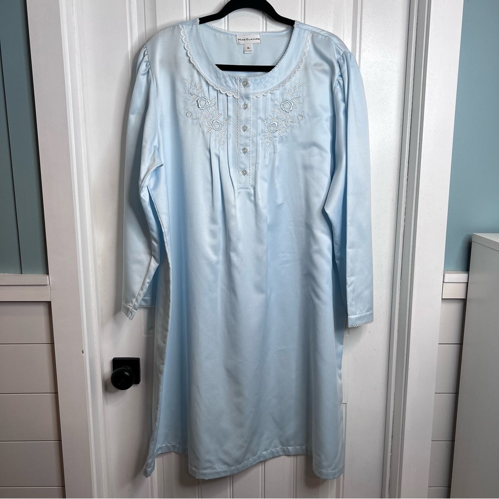 Miss Elaine Light Blue Brushed Cotton Embroidered‎ Nightgown. Size XL.